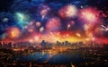 New year firework poster with a city skyline, skyscrapers, reflection. AI Generative