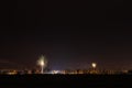 New year fireworks above city Ceske Budejovice, Czech republic. Night pyrotechnic celebration