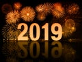 New year 2019 fireworks with clock face Royalty Free Stock Photo