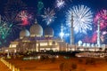 New Year fireworks display over the Grand Mosque in Abu Dhabi, United Arab Emirates Royalty Free Stock Photo