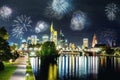New Year fireworks Frankfurt skyline.