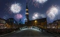 New Year fireworks Hamburg skyline.