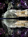 New Year fireworks over Monument to tsar Peter 1, Bronze Horseman, with reflection, in Saint Petersburg, Russia, mixed media