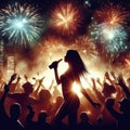 New Year Fireworks Party in the Night. Crowd celebrating New Years Eve. Drunk People Silhouette. ai generative