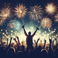 New Year Fireworks Party in the Night. Crowd celebrating New Years Eve. Drunk People Silhouette. ai generative