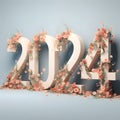 New Year 2024 with flowers on a blue background, greeting card concept, and 3D illustration, generative ai