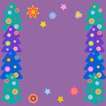 New Year frame or border with colourful Christmas trees and stars. Copy space. Royalty Free Stock Photo