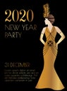 2020 New Year Gatsby Art Deco Style Party Invitation Design with Woman in Gold Dress