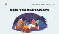 New Year Getaway Landing Page Template. Loving Man and Woman Relax in Winter Camping with Tent and Bonfire