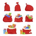 New Year gifts boxes in Santa Claus open and tied red bag set vector festive sack full of presents Royalty Free Stock Photo