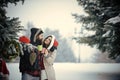 New year girl and guy in snowy forest. Royalty Free Stock Photo