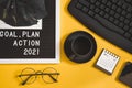 2021 new year goal, plan, action. office accessories. Business motivation, inspiration concepts ideas Royalty Free Stock Photo