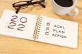 New year 2022 goal, plan, action text on notepad on wooden desk