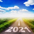 New Year Goals Concept : Empty asphalt road sunset and Happy New Year 2021 Royalty Free Stock Photo