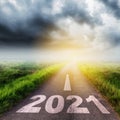 New Year Goals Concept : Empty asphalt road sunset and Happy New Year 2021 Royalty Free Stock Photo