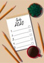 New year goals list. 2020 resolutions text on notepad. Wish list. Action plan. Pencils, mug of coffee and houseplant Royalty Free Stock Photo