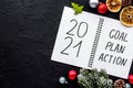 2021 New Year goals and plan with Christmas decorations and gift box. Overhead Royalty Free Stock Photo
