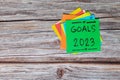 New year 2023 goals, resolutions and bucket list concept. Colorful sticky notes on wood