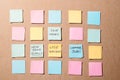 New year goals or resolutions - colorful sticky notes on a Notepad with coffee Cup Royalty Free Stock Photo