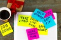 new year goals or resolutions - colorful sticky notes on a Notepad with coffee Cup Royalty Free Stock Photo