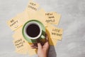 New year goals or resolutions - yellow sticky notes with coffee on table Royalty Free Stock Photo