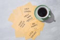 New year goals or resolutions - yellow sticky notes with coffee on table Royalty Free Stock Photo