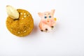 New year gold apple toy pig white background Royalty Free Stock Photo