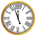 2019 New Year gold classic clock on white background.