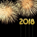 New Year 2018 with gold foil style balloons and fireworks. Royalty Free Stock Photo