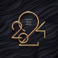 2024 new year gold metal logo. New year logo on black waves abstract background.