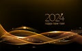 2024 new year. Gold wave on black background, golden ribbon for happy newyear, shine and sparkle. Stars and sparkles in Royalty Free Stock Photo