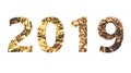 2019, New Year with golden crumpled foil texture isolated on white background Royalty Free Stock Photo