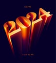 New year 2024. Golden 3D holiday lettering design. Bright volumetric numbers on a dark background