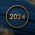 New Year golden 3d 2024 lettering on dark blue textured background with circle and golden sand or small shiny particles