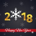 2018 New Year golden 3D text with the red ribbon on the Christmas dark background with snowflake silhouettes. Royalty Free Stock Photo