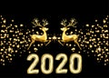 2020  New Year  golden  decoration with  reindeer, neon  light effect Royalty Free Stock Photo