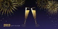 New Year golden fireworks and champagne glasses blue night sky Royalty Free Stock Photo