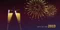 New Year golden fireworks and champagne glasses Royalty Free Stock Photo