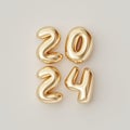 2024 New Year, Golden font 3D render image. Unique, trendy and luxurious numbers. Foil balloon text effect on cream