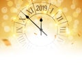 New Year 2019 golden shiny bokeh background poster with clock and confetti. Vector festive christmas card