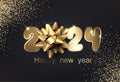 New Year 2024 golden shiny numbers with bow for calendar on black background with gold sand or small foil particles