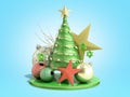 New year green decorative Christmas tree 3d render on blue gradient Royalty Free Stock Photo