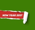 New Year green vector torn edge template and paper roll with rough fringe. Merry Christmas colors illustration. Hole in