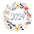 2024 new year greeting card banner on flower wreath, hand drawn style, AI generated, generative AI illustration
