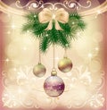 New Year greeting card with Christmas tree and decorations with toys, bow and frame Royalty Free Stock Photo