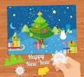 New Year greeting card with christmas tree snowman Royalty Free Stock Photo