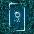 New Year Greeting Card. Clock with snow and text 2023 Happy New Year