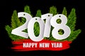 New Year 2018 greeting card concept with christmas tree branches on black Royalty Free Stock Photo