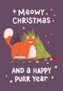 New year greeting card with cute cat attacked and dropped the christmas tree. Text lettering Meowy christmas and a happy