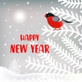 New Year greeting card with cute character. Background with bullfinch, christmas trees, landscape and snowfall